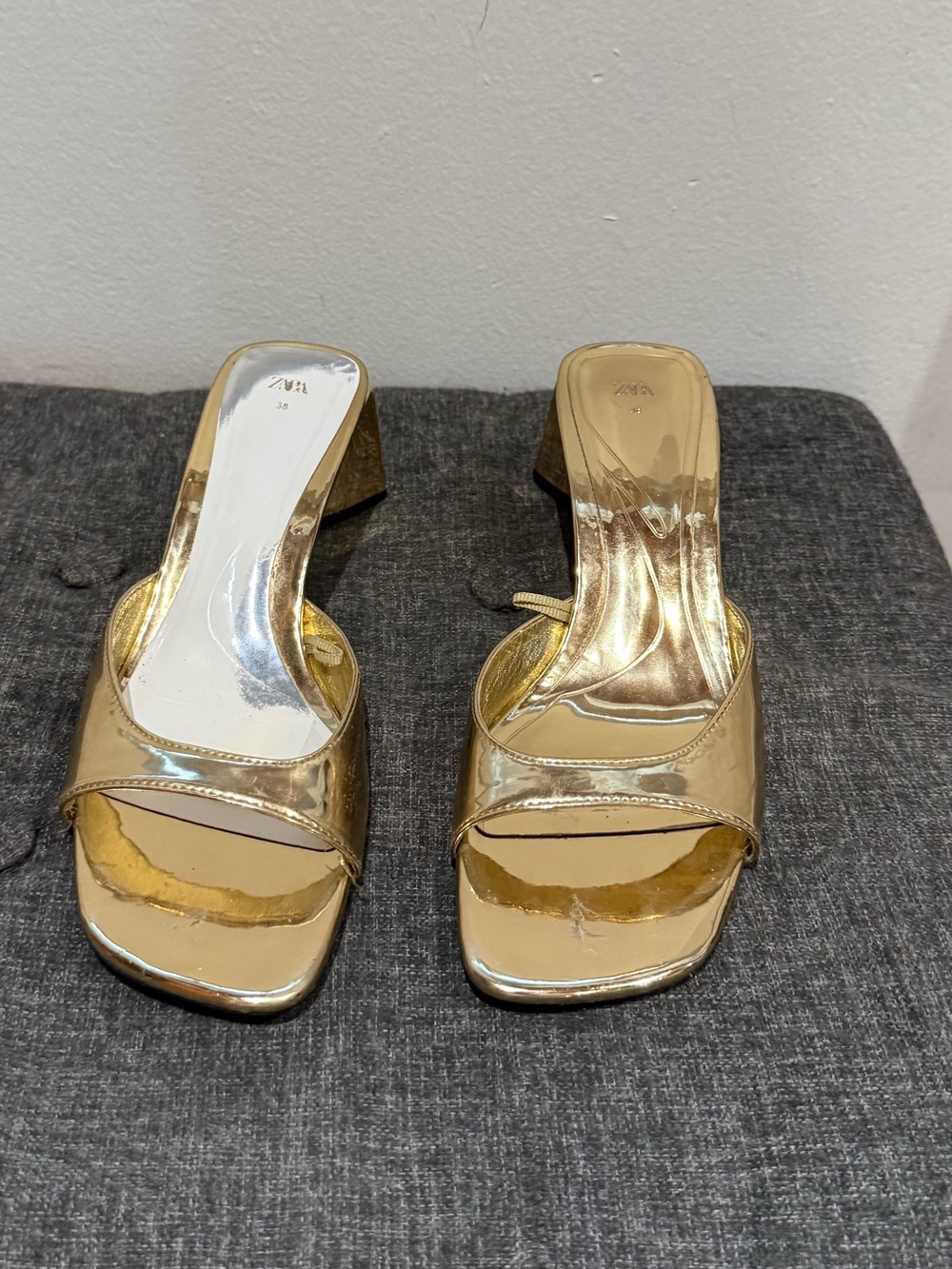 Zara Metallic Gold Square-Toe Slide Mules